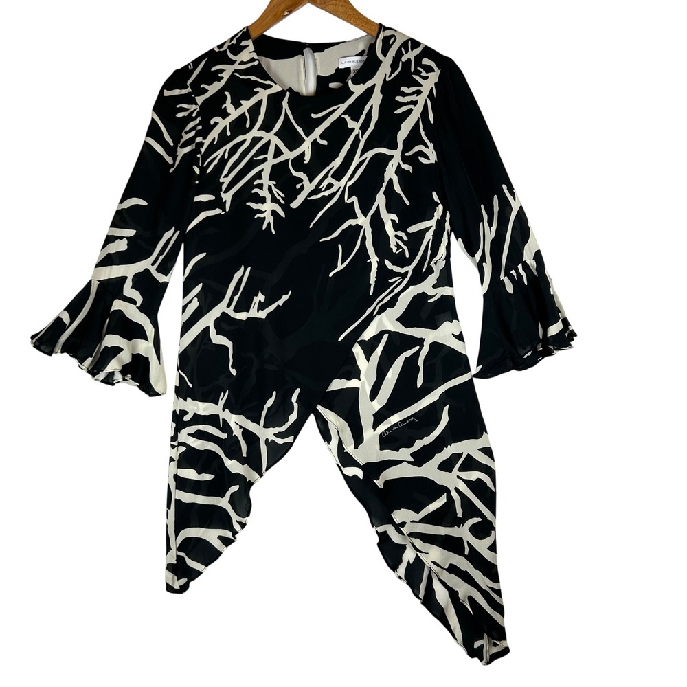 Ala von Auersperg Silk Branch Asymmetrical Bell Sleeve Blouse XS Black White